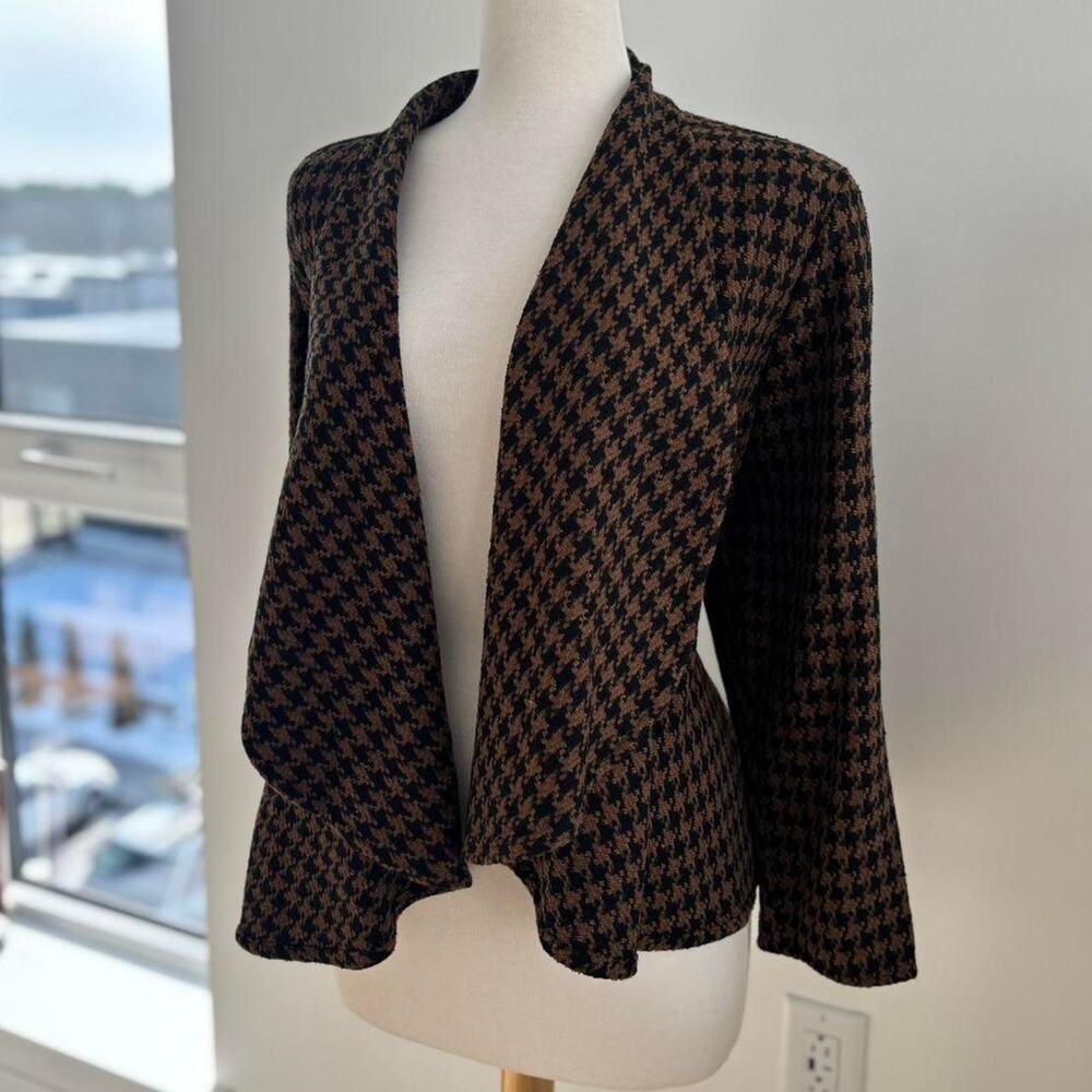 Coldwater Creek Bown and Black Preppy Houndstooth Flowy Drape Open Cardigan PXL